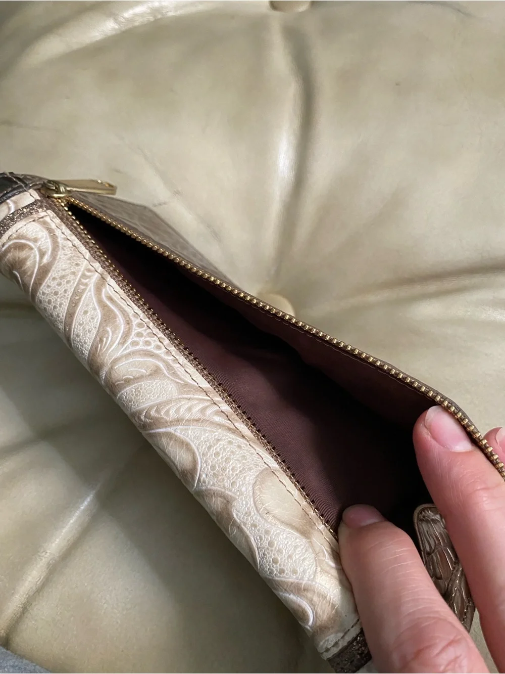 HTF Brahmin Bourdele Wallet in Cream/Gold/Taupe Scroll Embossed Leather